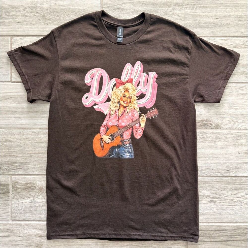 Dolly Parton Brown Graphic T Shirt M Country Music Western Pink Guitar Tee